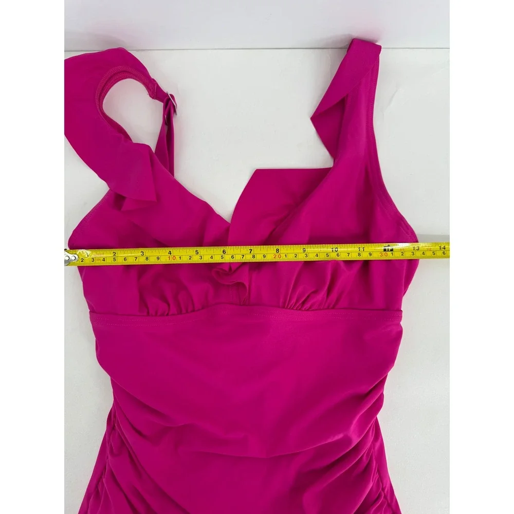 DKNY Pink Ruched Ruffle One Piece Swimsuit Adjustable Straps Pink Magenta Sz S - Picture 7 of 10